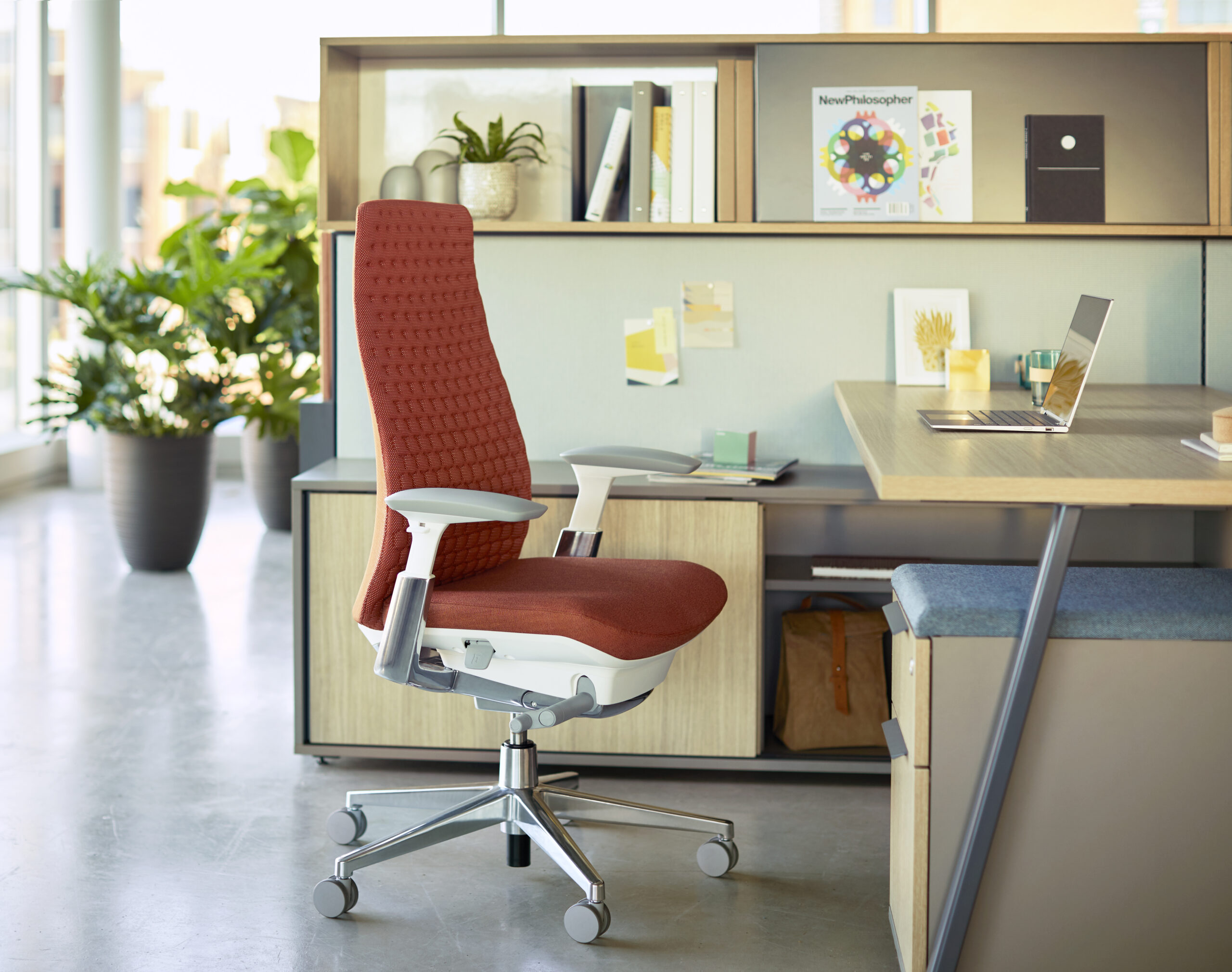 Fern task chair with digital knit back. Shown with Be_Hold storage and Compose